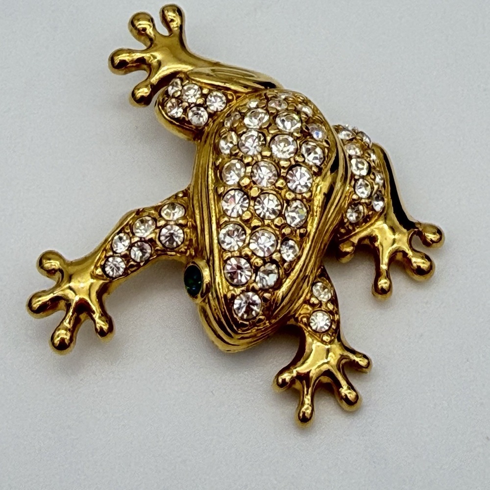 Vintage Ciner Swarovski Frog Dual Signed Pin Brooch Winking Green Eye